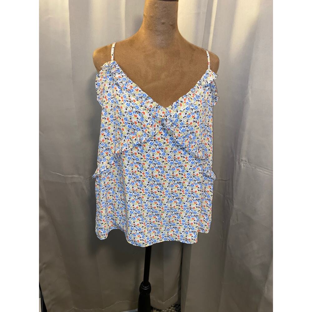 CeCe White Floral Ruffle Camisole with Blue and Yellow Accents